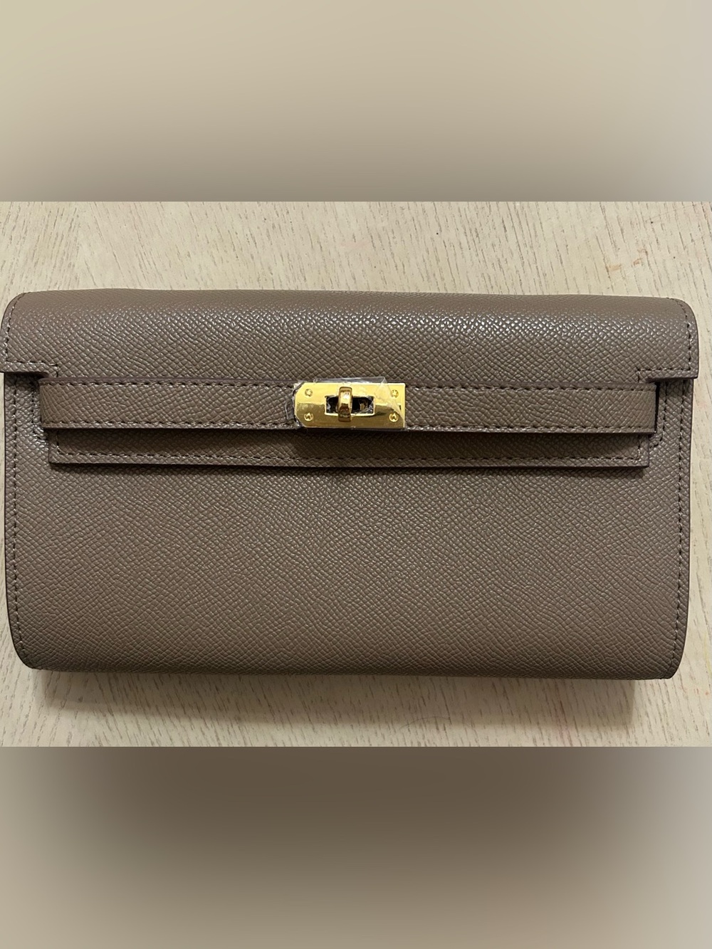 Taupe Leather Turn-Lock Wallet Clutch